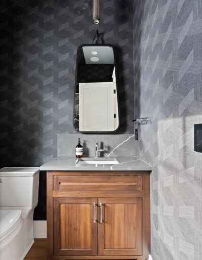 luxury tile bathroom with grey marble sink countertop